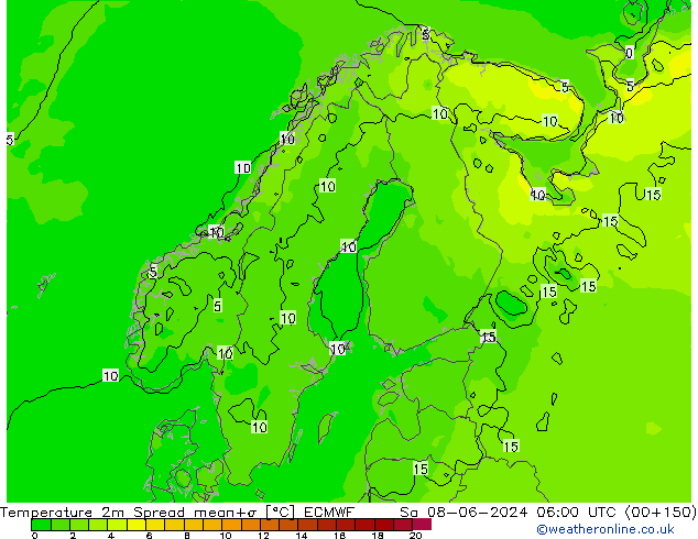 Temperaturkarte Spread ECMWF Sa 08.06.2024 06 UTC