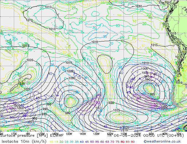 Isotachen (km/h) ECMWF Do 06.06.2024 00 UTC