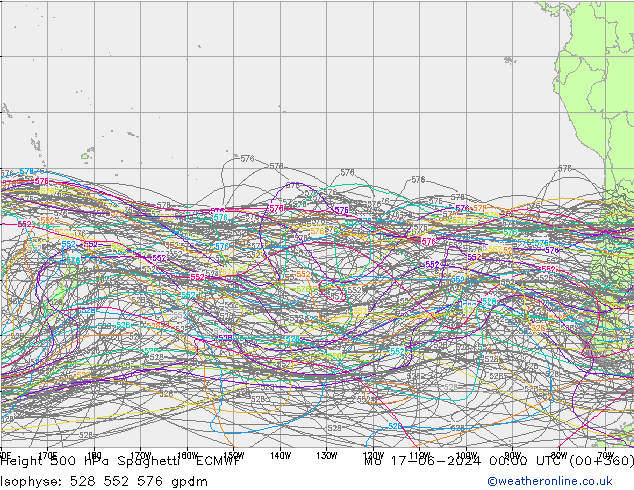 Height 500 hPa Spaghetti ECMWF lun 17.06.2024 00 UTC