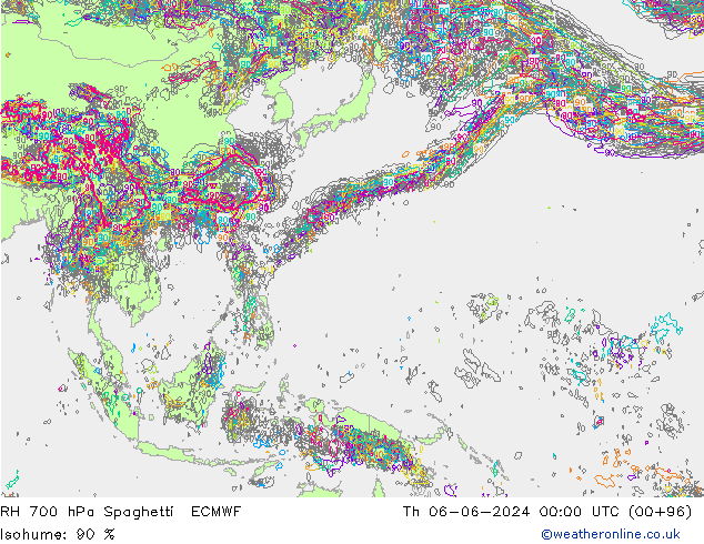 Humedad rel. 700hPa Spaghetti ECMWF jue 06.06.2024 00 UTC