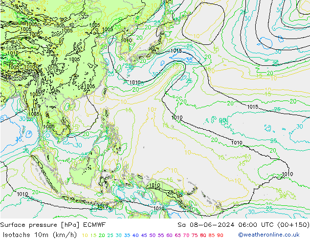 Isotachs (kph) ECMWF sab 08.06.2024 06 UTC