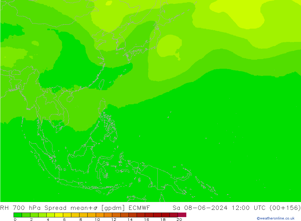 RH 700 hPa Spread ECMWF sab 08.06.2024 12 UTC