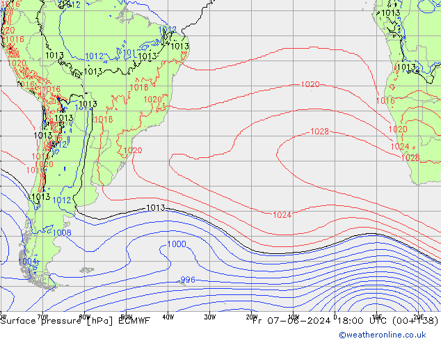 Presión superficial ECMWF vie 07.06.2024 18 UTC