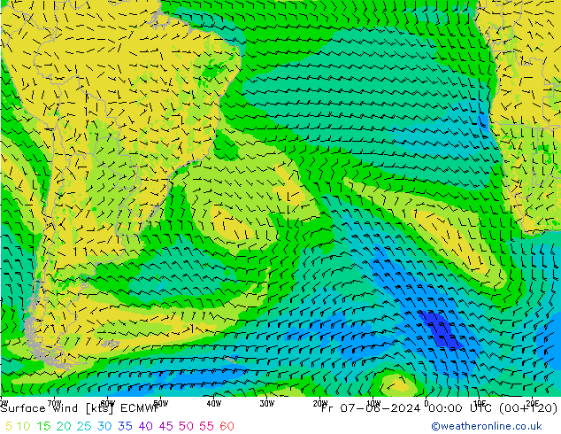 Surface wind ECMWF Pá 07.06.2024 00 UTC