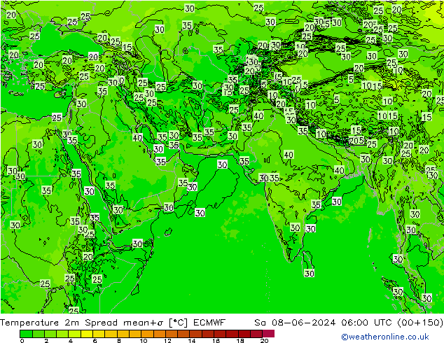 mapa temperatury 2m Spread ECMWF so. 08.06.2024 06 UTC