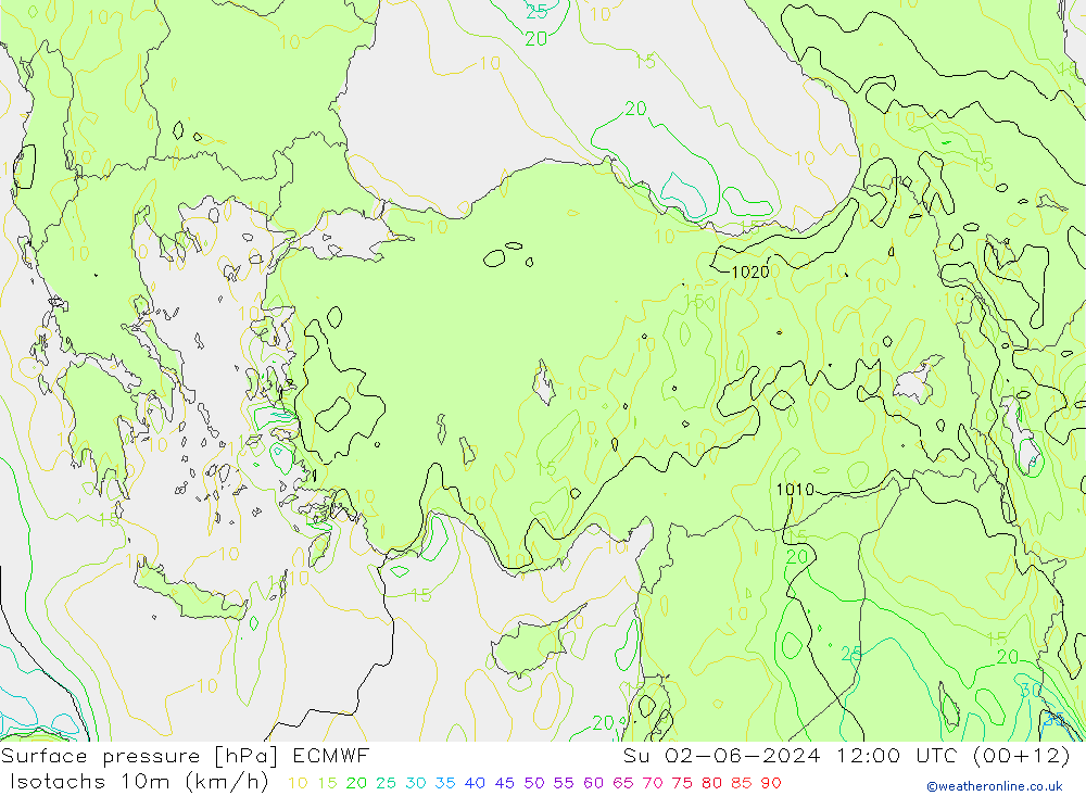 Isotachs (kph) ECMWF dim 02.06.2024 12 UTC