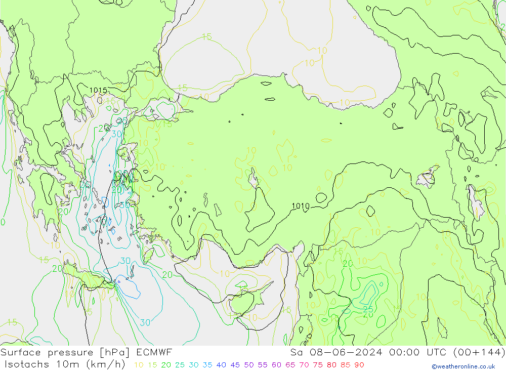 Isotachen (km/h) ECMWF za 08.06.2024 00 UTC