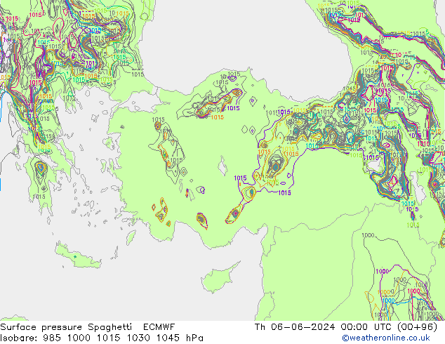 Atmosférický tlak Spaghetti ECMWF Čt 06.06.2024 00 UTC