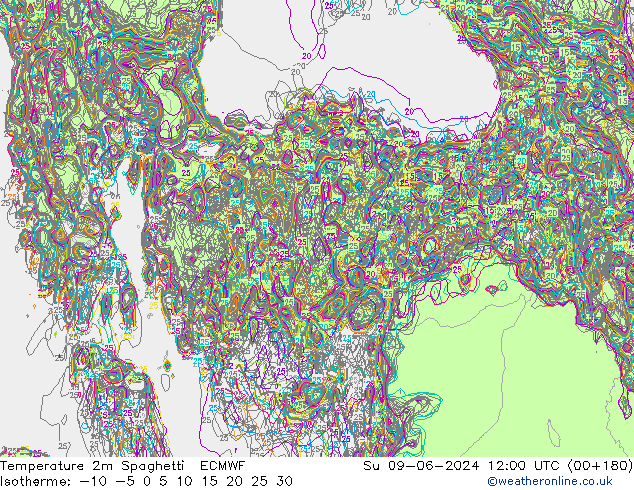 Temperature 2m Spaghetti ECMWF Su 09.06.2024 12 UTC