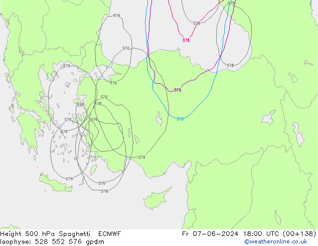 Hoogte 500 hPa Spaghetti ECMWF vr 07.06.2024 18 UTC