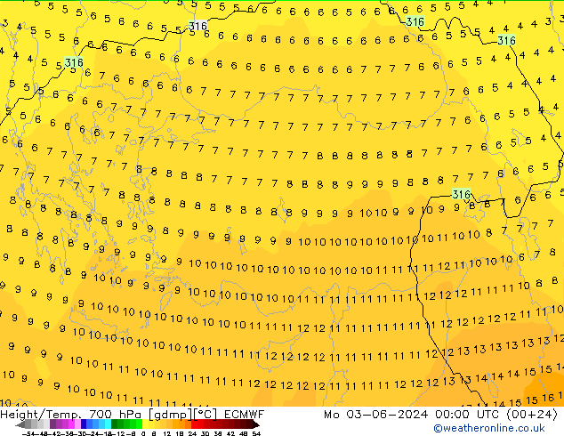 Géop./Temp. 700 hPa ECMWF lun 03.06.2024 00 UTC