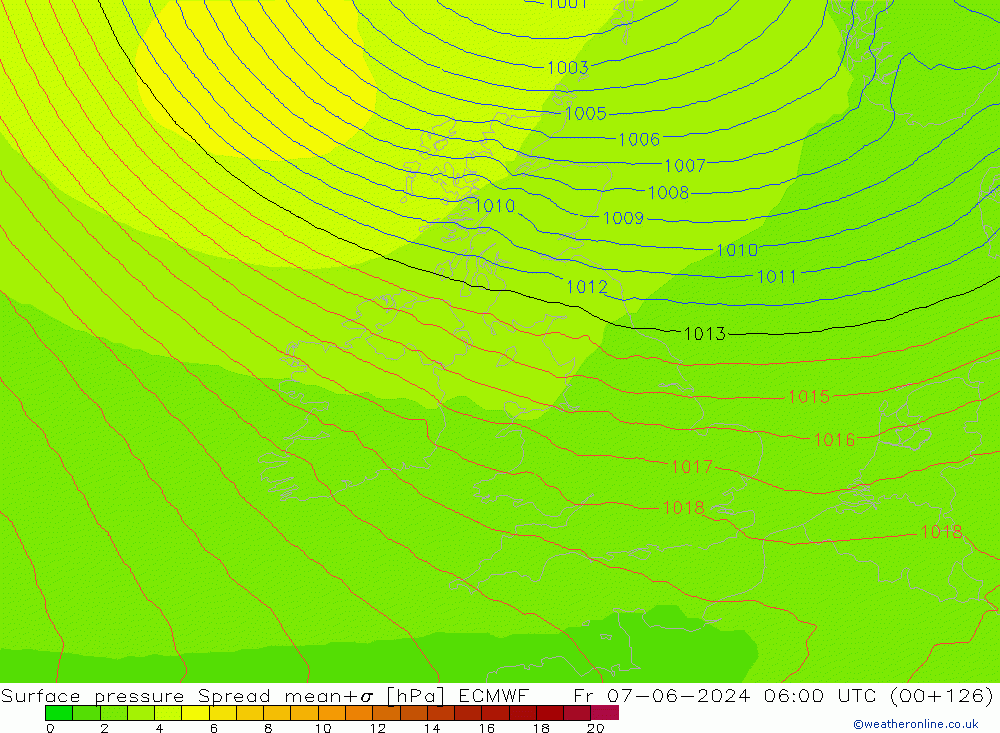 Surface pressure Spread ECMWF Fr 07.06.2024 06 UTC