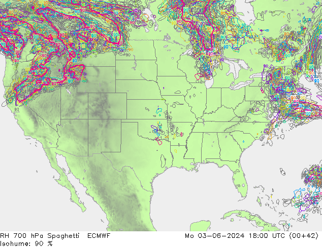 RH 700 hPa Spaghetti ECMWF Po 03.06.2024 18 UTC