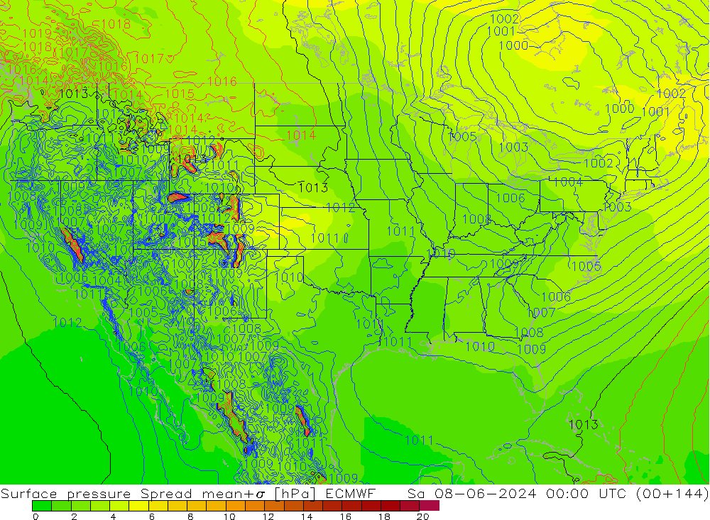 Atmosférický tlak Spread ECMWF So 08.06.2024 00 UTC