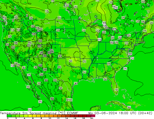 Temperature 2m Spread ECMWF Po 03.06.2024 18 UTC