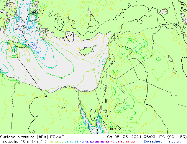 Izotacha (km/godz) ECMWF so. 08.06.2024 06 UTC