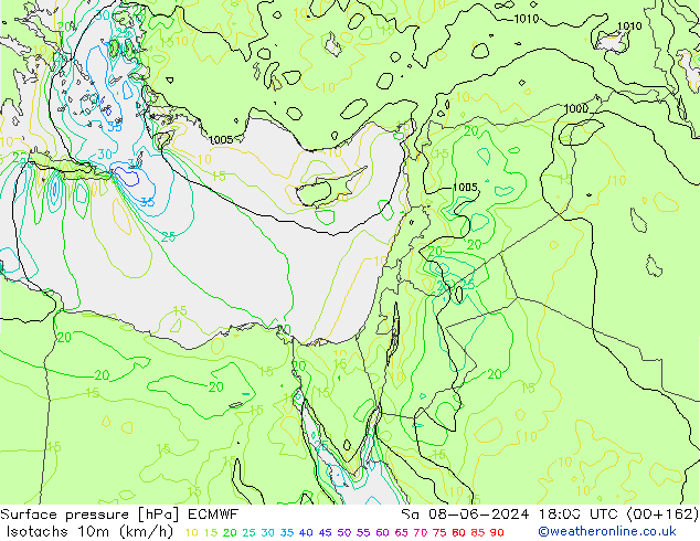 Isotaca (kph) ECMWF sáb 08.06.2024 18 UTC