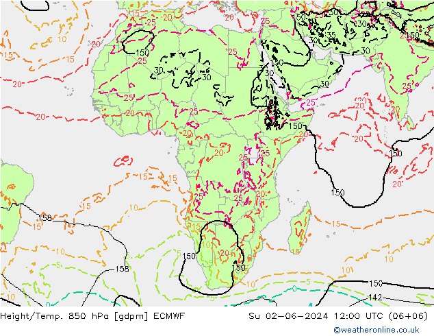 Height/Temp. 850 hPa ECMWF Su 02.06.2024 12 UTC