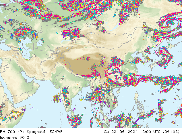 RH 700 hPa Spaghetti ECMWF Su 02.06.2024 12 UTC