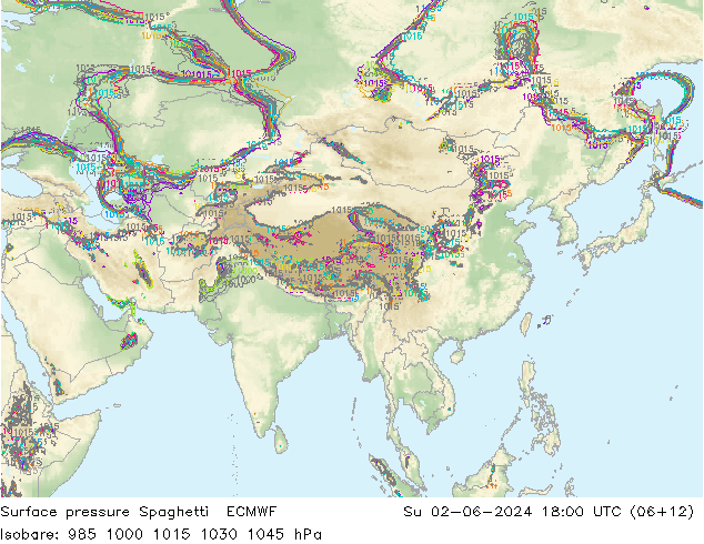 Surface pressure Spaghetti ECMWF Su 02.06.2024 18 UTC