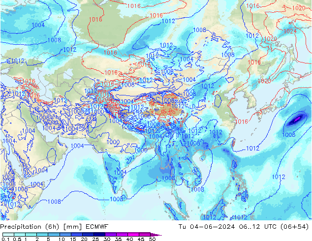 Precipitation (6h) ECMWF Út 04.06.2024 12 UTC