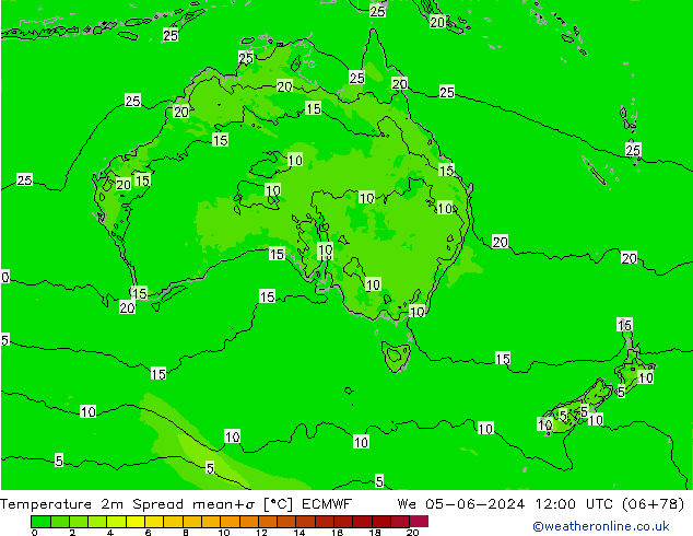 Temperature 2m Spread ECMWF We 05.06.2024 12 UTC