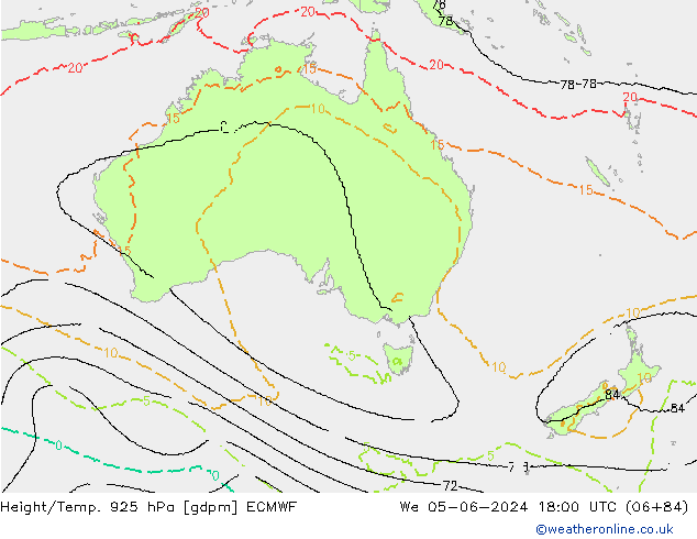 Height/Temp. 925 hPa ECMWF śro. 05.06.2024 18 UTC