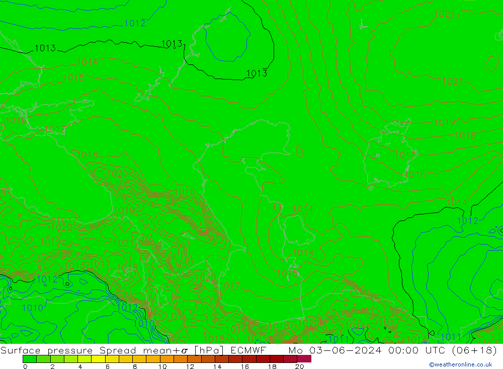 Surface pressure Spread ECMWF Mo 03.06.2024 00 UTC