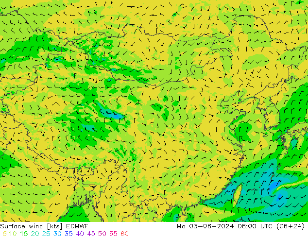 wiatr 10 m ECMWF pon. 03.06.2024 06 UTC