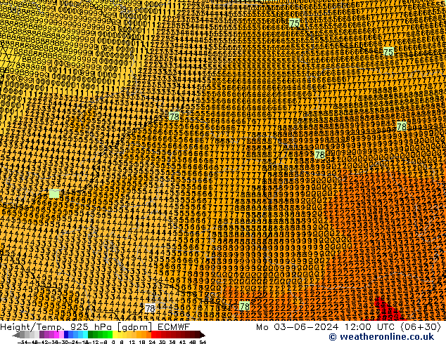 Height/Temp. 925 hPa ECMWF Mo 03.06.2024 12 UTC