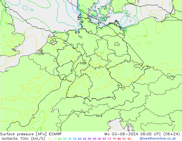 Isotachen (km/h) ECMWF ma 03.06.2024 06 UTC