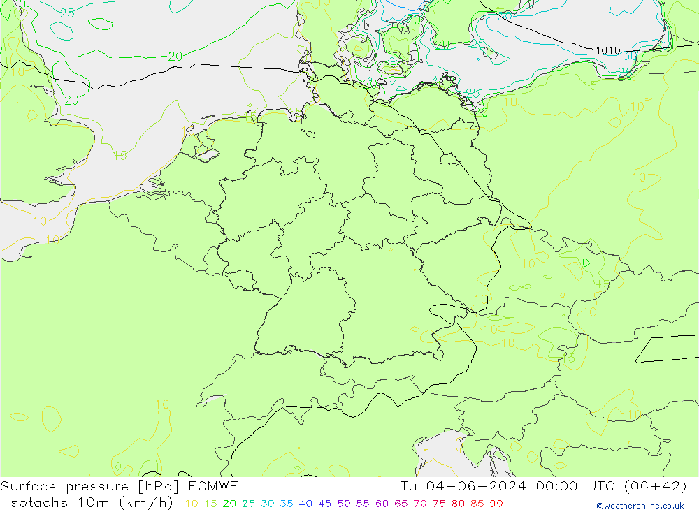 Isotachs (kph) ECMWF Út 04.06.2024 00 UTC