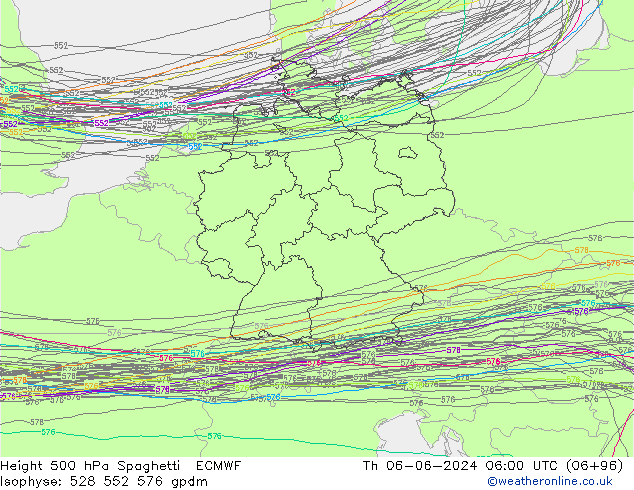Height 500 hPa Spaghetti ECMWF Th 06.06.2024 06 UTC