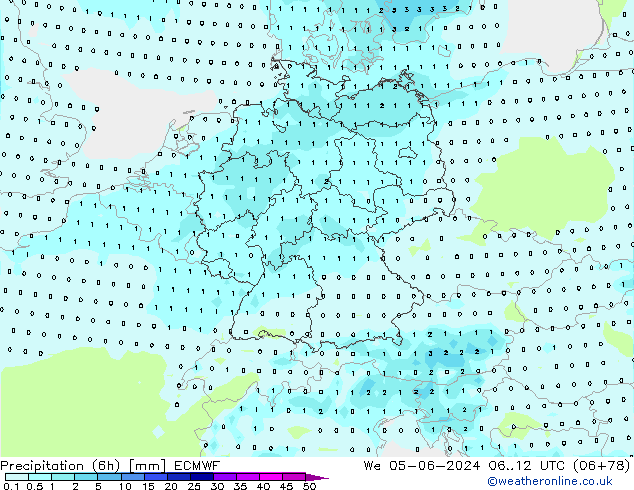 Precipitazione (6h) ECMWF mer 05.06.2024 12 UTC