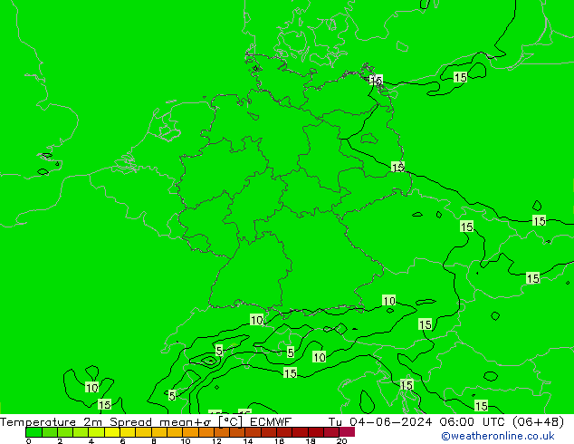 Temperatura 2m Spread ECMWF Ter 04.06.2024 06 UTC