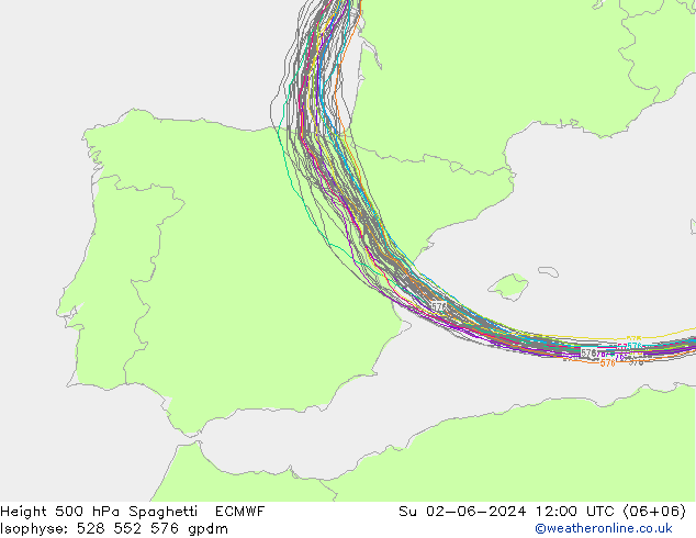Height 500 hPa Spaghetti ECMWF Ne 02.06.2024 12 UTC