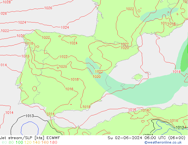Straalstroom/SLP ECMWF zo 02.06.2024 06 UTC