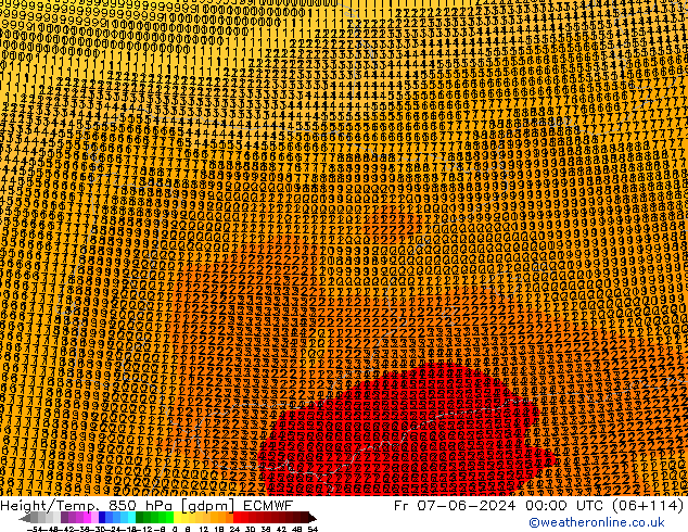 Hoogte/Temp. 850 hPa ECMWF vr 07.06.2024 00 UTC