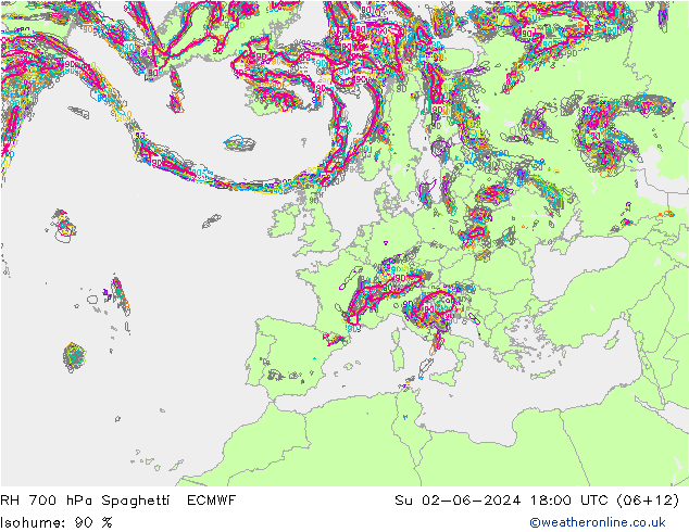 Humidité rel. 700 hPa Spaghetti ECMWF dim 02.06.2024 18 UTC