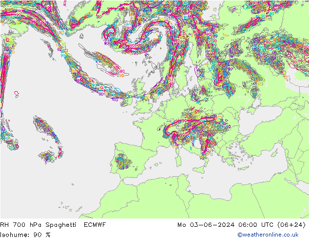 RH 700 hPa Spaghetti ECMWF Mo 03.06.2024 06 UTC