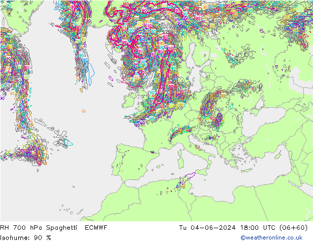 RH 700 hPa Spaghetti ECMWF  04.06.2024 18 UTC