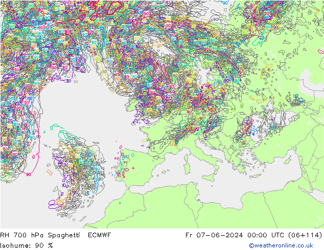 RH 700 hPa Spaghetti ECMWF  07.06.2024 00 UTC