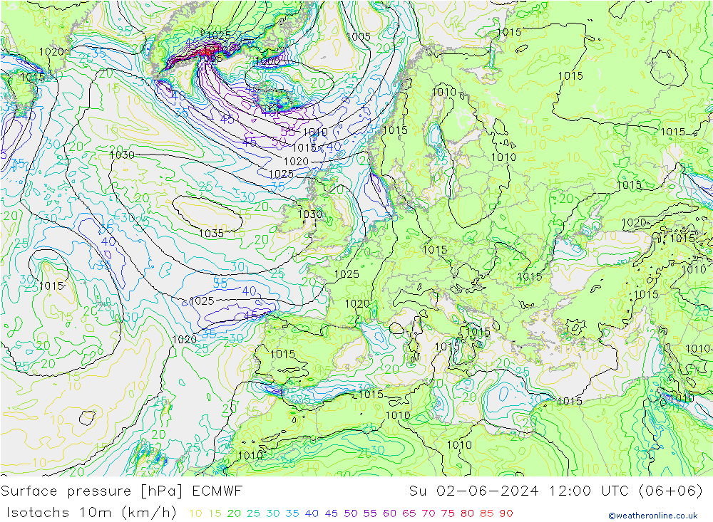 10米等风速线 (kph) ECMWF 星期日 02.06.2024 12 UTC