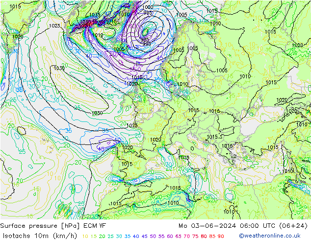 10米等风速线 (kph) ECMWF 星期一 03.06.2024 06 UTC