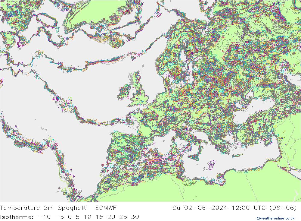 Temperatura 2m Spaghetti ECMWF dom 02.06.2024 12 UTC