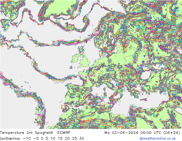 Temperature 2m Spaghetti ECMWF Mo 03.06.2024 06 UTC