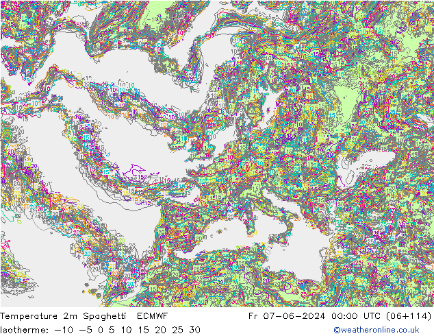 Temperature 2m Spaghetti ECMWF Pá 07.06.2024 00 UTC