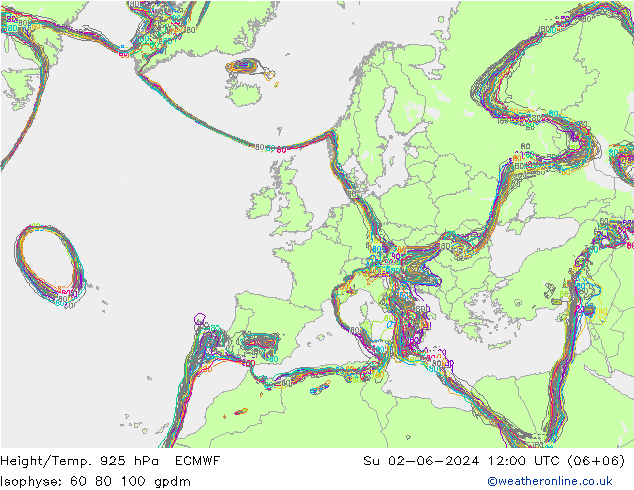 Hoogte/Temp. 925 hPa ECMWF zo 02.06.2024 12 UTC