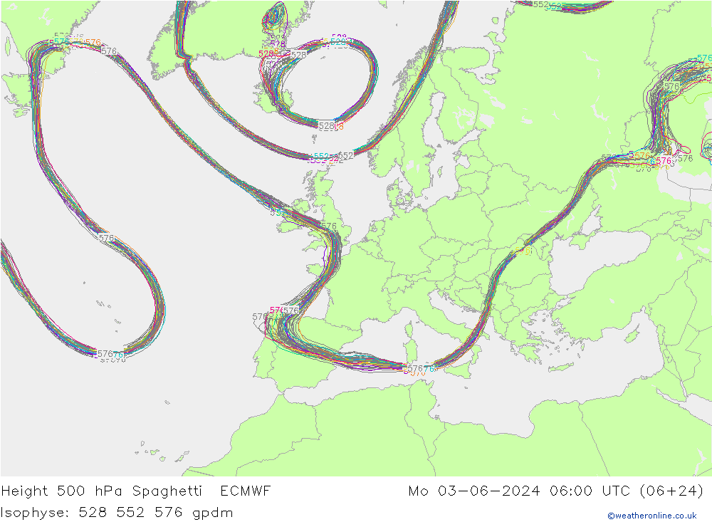 Hoogte 500 hPa Spaghetti ECMWF ma 03.06.2024 06 UTC