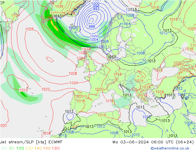 Jet stream/SLP ECMWF Mo 03.06.2024 06 UTC